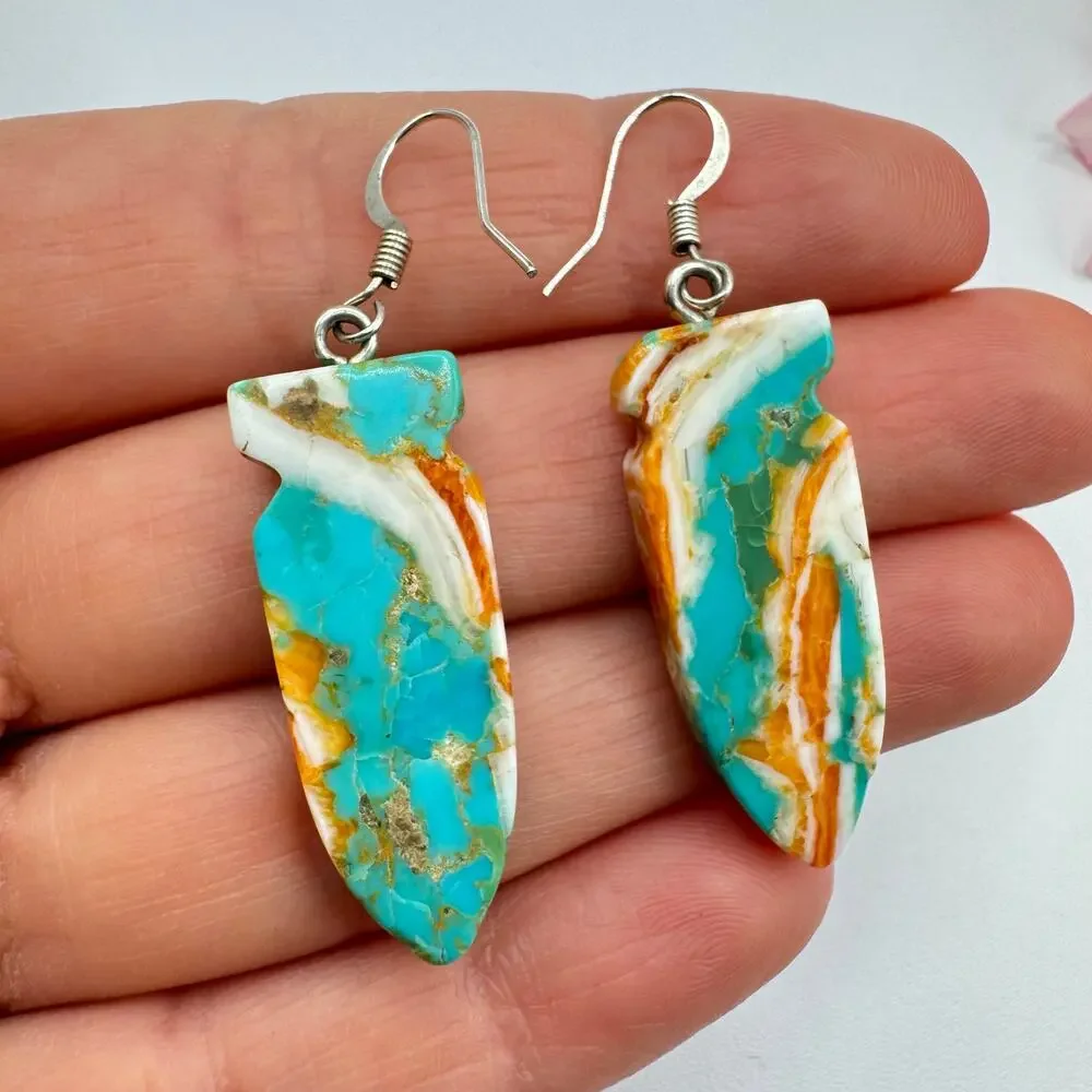 Turquoise Spiny Oyster Shell Carved Arrowhead Composite Slab Earrings Southwest - Picture 7 of 12